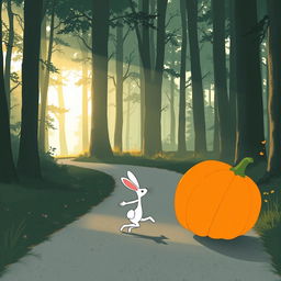 In the early morning, a tranquil forest path is bathed in soft sunlight filtering through the trees