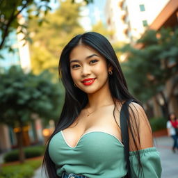 A gorgeous Malaysian university student with large, rounded breasts, embodying a charming and playful demeanor