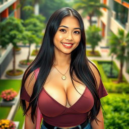 A captivating Malaysian university student with large, rounded breasts, embodying a playful and flirtatious charm