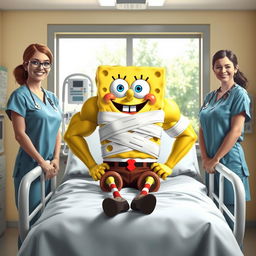 A humorous hospital scene featuring a muscular SpongeBob SquarePants sitting confidently on a hospital bed with bandages wrapped around his torso