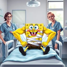 A humorous hospital scene featuring a muscular SpongeBob SquarePants sitting confidently on a hospital bed with bandages wrapped around his torso