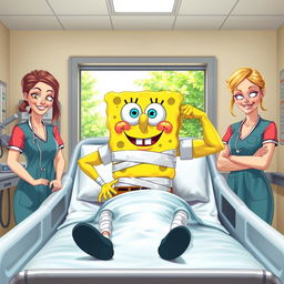A humorous hospital scene featuring a muscular SpongeBob SquarePants sitting confidently on a hospital bed with bandages wrapped around his torso