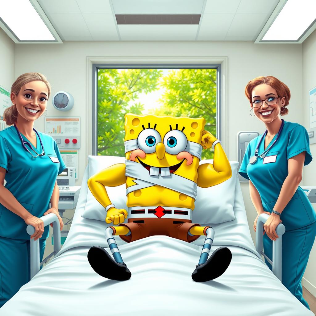 A humorous hospital scene featuring a muscular SpongeBob SquarePants sitting confidently on a hospital bed with bandages wrapped around his torso