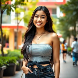 A beautiful Malaysian university student with large, rounded breasts, exuding a charming and flirtatious personality