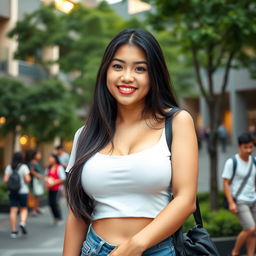 A beautiful Malaysian university student with large, round breasts, exuding a playful and flirtatious charm