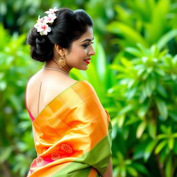 A beautiful woman in a stunning traditional Kerala saree, elegantly draped, showcasing vibrant colors and intricate patterns