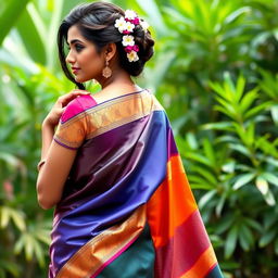 A beautiful woman in a stunning traditional Kerala saree, elegantly draped, showcasing vibrant colors and intricate patterns