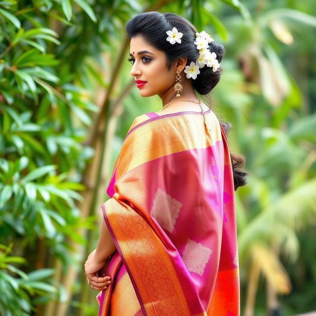 A beautiful woman in a stunning traditional Kerala saree, elegantly draped, showcasing vibrant colors and intricate patterns