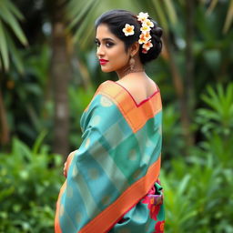A beautiful woman in a stunning traditional Kerala saree, elegantly draped, showcasing vibrant colors and intricate patterns