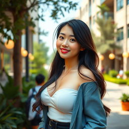 A captivating Chinese university student with large, rounded breasts, embodying a playful and flirtatious spirit