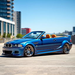A stunning E46 BMW coupe with a wide body kit, showcasing aggressive lines and a sporty stance, parked in a scenic urban environment