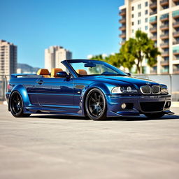 A stunning E46 BMW coupe with a wide body kit, showcasing aggressive lines and a sporty stance, parked in a scenic urban environment