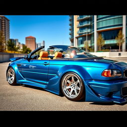 A stunning E46 BMW coupe with a wide body kit, showcasing aggressive lines and a sporty stance, parked in a scenic urban environment