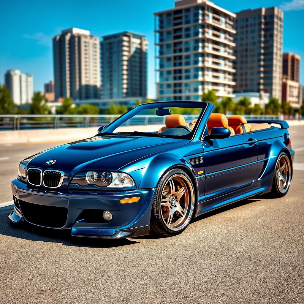 A stunning E46 BMW coupe with a wide body kit, showcasing aggressive lines and a sporty stance, parked in a scenic urban environment