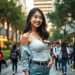 A beautiful Chinese university female student with large, round breasts, exuding a playful and flirtatious charm