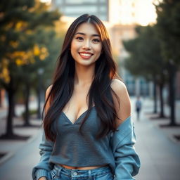 A beautiful Chinese university female student with large, round breasts, exuding an alluring and playful character, wearing stylish casual clothes, standing confidently on a university campus