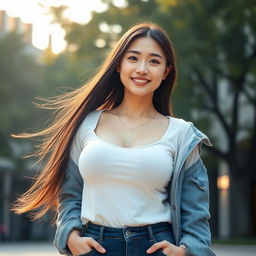 A beautiful Chinese university female student with large, round breasts, exuding an alluring and playful character, wearing stylish casual clothes, standing confidently on a university campus