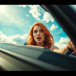 A beautiful redhead woman with striking blue eyes and vibrant red lips, sitting in a convertible car that is dramatically falling from the sky