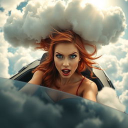 A beautiful redhead woman with striking blue eyes and vibrant red lips, sitting in a convertible car that is dramatically falling from the sky