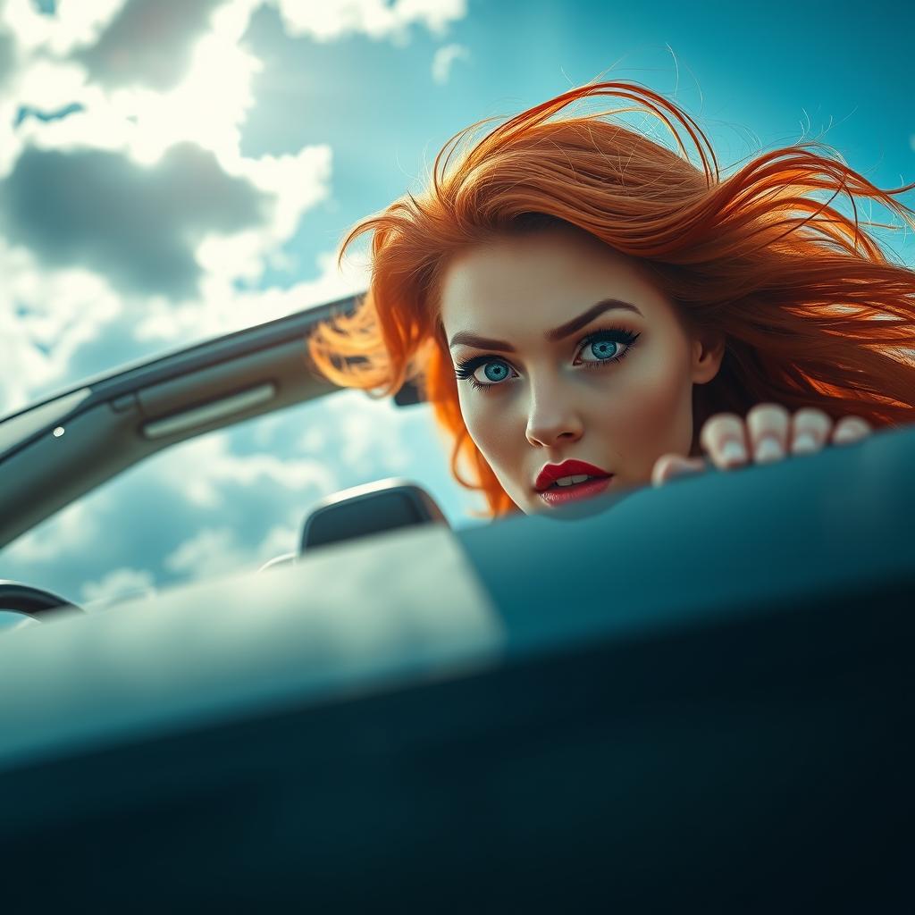 A beautiful redhead woman with striking blue eyes and vibrant red lips, sitting in a convertible car that is dramatically falling from the sky