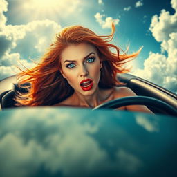 A beautiful redhead woman with striking blue eyes and vibrant red lips, sitting in a convertible car that is dramatically falling from the sky
