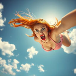 A stunning redhead woman with bright blue eyes and vibrant red lips, wearing a pink bikini, is portrayed mid-fall from a clear blue sky