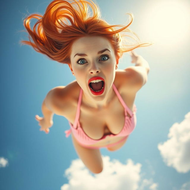 A stunning redhead woman with bright blue eyes and vibrant red lips, wearing a pink bikini, is portrayed mid-fall from a clear blue sky