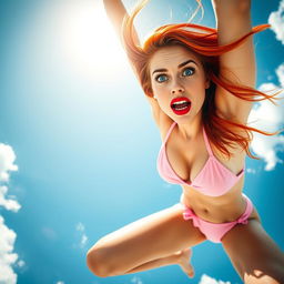 A stunning redhead woman with bright blue eyes and vibrant red lips, wearing a pink bikini, is portrayed mid-fall from a clear blue sky