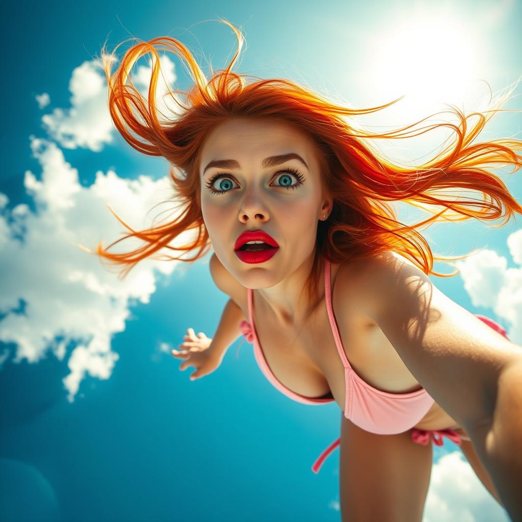 A stunning redhead woman with bright blue eyes and vibrant red lips, wearing a pink bikini, is portrayed mid-fall from a clear blue sky