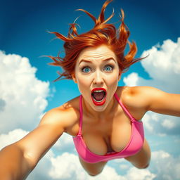 A beautiful redhead woman with striking blue eyes and vibrant red lips, wearing a pink bikini, is captured mid-fall through a bright blue sky, her expression displaying a mix of surprise and fear