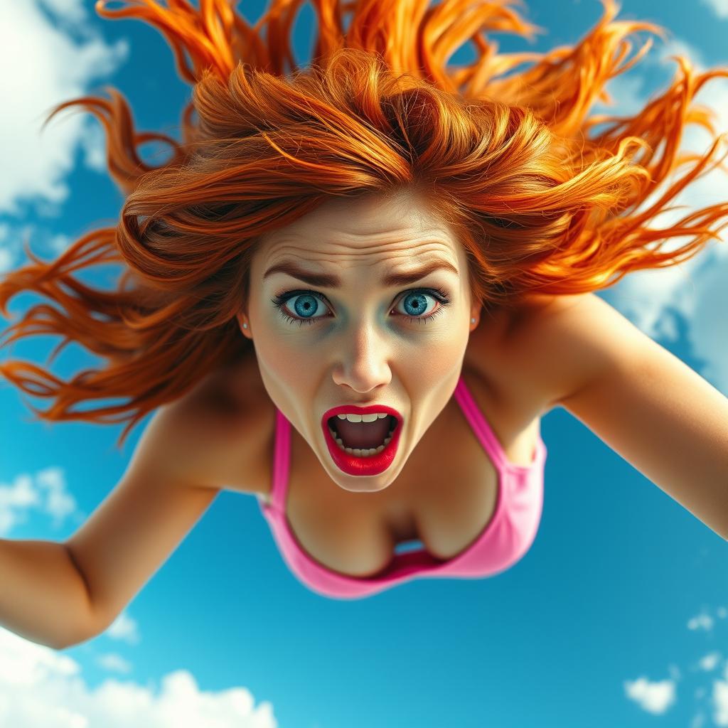 A beautiful redhead woman with striking blue eyes and vibrant red lips, wearing a pink bikini, is captured mid-fall through a bright blue sky, her expression displaying a mix of surprise and fear