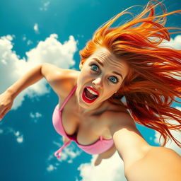 A beautiful redhead woman with striking blue eyes and vibrant red lips, wearing a pink bikini, is captured mid-fall through a bright blue sky, her expression displaying a mix of surprise and fear