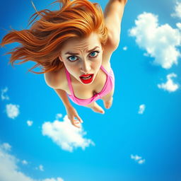 A beautiful redhead woman with striking blue eyes and vibrant red lips is depicted in mid-air, falling from the sky, wearing a pink bikini