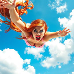A beautiful redhead woman with striking blue eyes and vibrant red lips is depicted in mid-air, falling from the sky, wearing a pink bikini