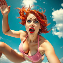 A beautiful redhead woman with striking blue eyes and vibrant red lips is depicted in mid-air, falling from the sky, wearing a pink bikini