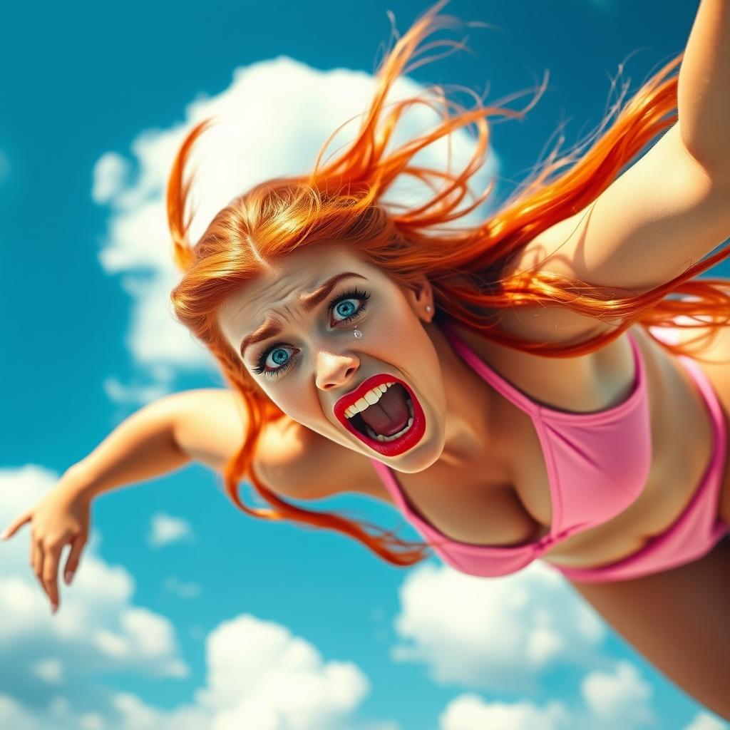 A beautiful redhead woman with striking blue eyes and vibrant red lips is depicted in mid-air, falling from the sky, wearing a pink bikini