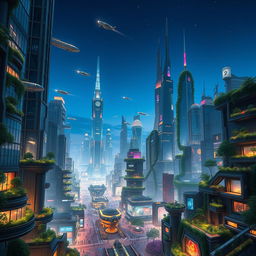 A sprawling futuristic cityscape in the year 5000, filled with towering skyscrapers made of glass and metal, illuminated by colorful neon lights