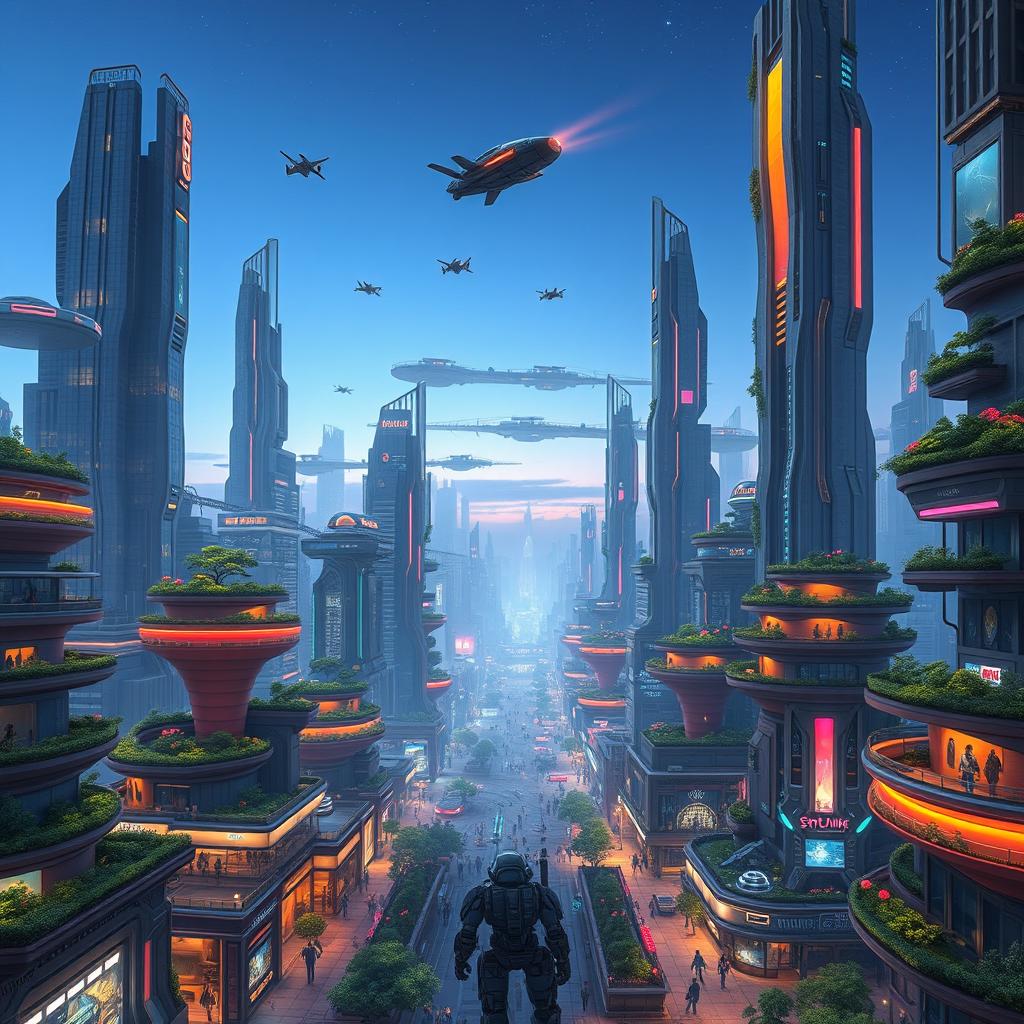 A sprawling futuristic cityscape in the year 5000, filled with towering skyscrapers made of glass and metal, illuminated by colorful neon lights