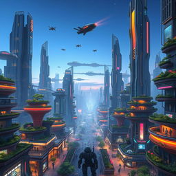 A sprawling futuristic cityscape in the year 5000, filled with towering skyscrapers made of glass and metal, illuminated by colorful neon lights