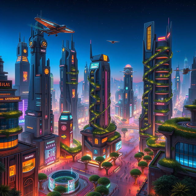 A sprawling futuristic cityscape in the year 5000, filled with towering skyscrapers made of glass and metal, illuminated by colorful neon lights