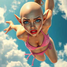 A beautiful bald elf woman with striking blue eyes and vibrant red lips, wearing a pink bikini