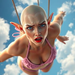 A beautiful bald elf woman with striking blue eyes and vibrant red lips, wearing a pink bikini