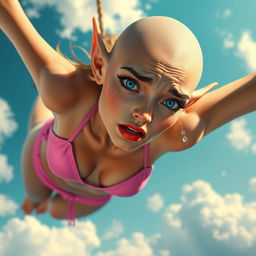 A beautiful bald elf woman with striking blue eyes and vibrant red lips, wearing a pink bikini