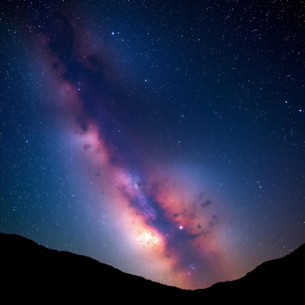 A stunning night sky filled with an expansive galaxy, displaying vibrant colors and swirling patterns of stars and nebulae