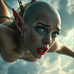 A stunning bald elf woman with bright blue eyes and luscious red lips, gracefully falling from the sky