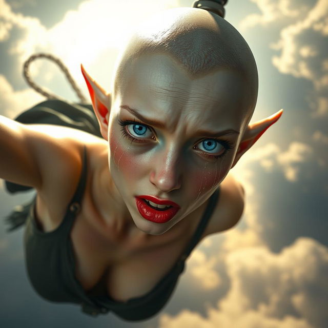 A stunning bald elf woman with bright blue eyes and luscious red lips, gracefully falling from the sky