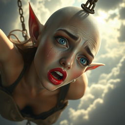 A stunning bald elf woman with bright blue eyes and luscious red lips, gracefully falling from the sky