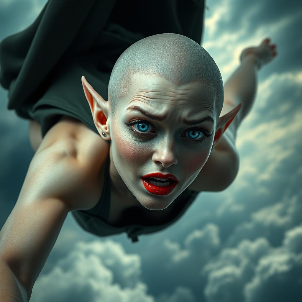 A stunning bald elf woman with bright blue eyes and luscious red lips, gracefully falling from the sky