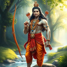 An artistic representation of Shree Ram, the Hindu god, standing tall with a bow in one hand and a quiver of arrows slung on his back