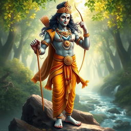 An artistic representation of Shree Ram, the Hindu god, standing tall with a bow in one hand and a quiver of arrows slung on his back